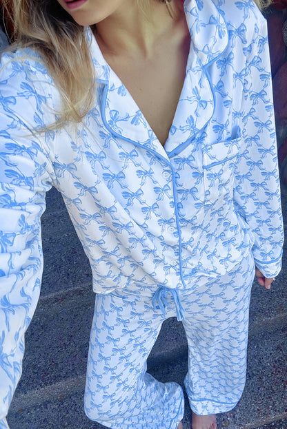 Sky Blue Bow Print Long Sleeve Shirt and Pants Soft Pajama Set - Snoopy's Closet
