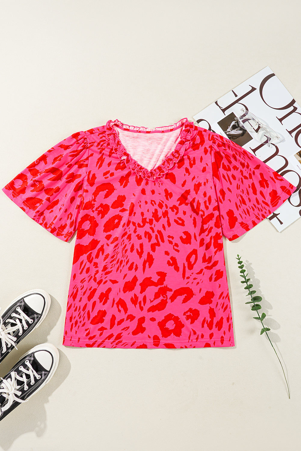 Rose Leopard Frilly V Neck Short Sleeve Blouse - Snoopy's Closet