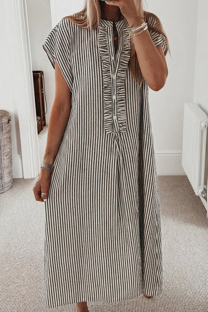 Vestido largo de manga corta con volantes y botones hasta la mitad, de rayas negras