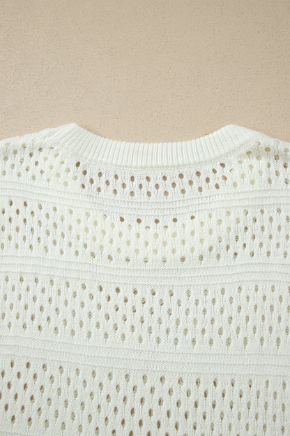Suéter dolman blanco de manga corta con ojales calados y ribete acanalado, talla grande
