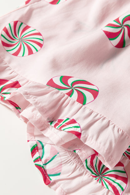 Pink Christmas Candy Contrast Trim Bow Knot Silky 2pcs Pajama Set - Snoopy's Closet