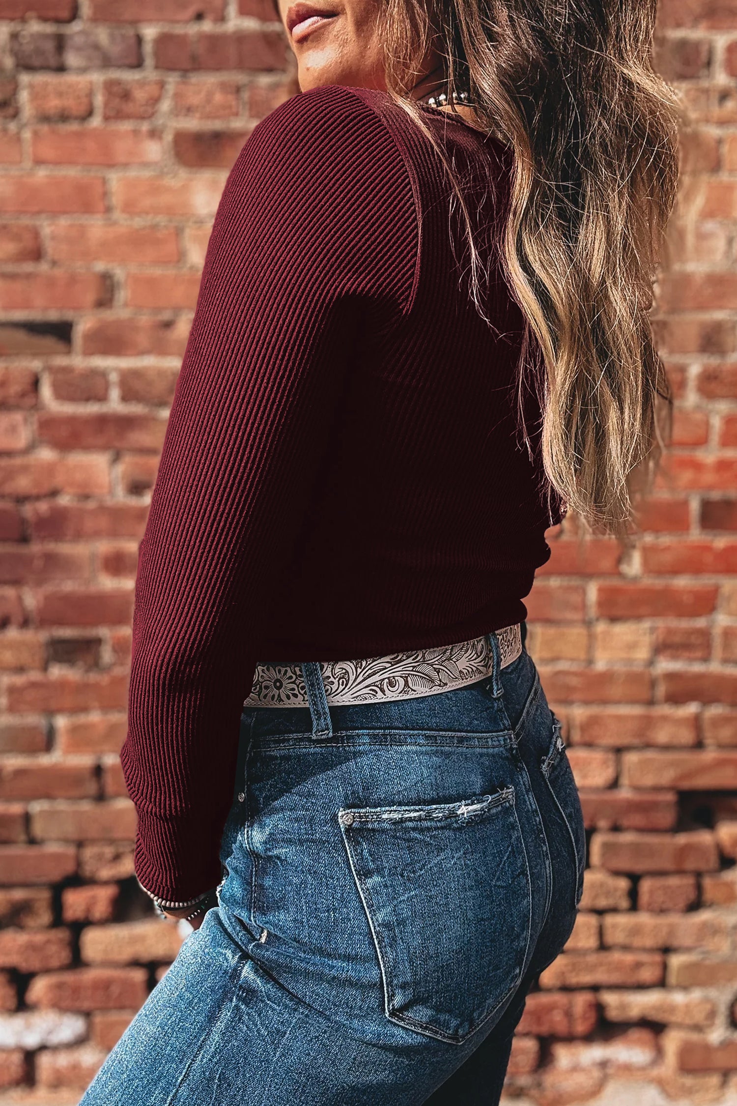 Coffee Ribbed Solid Color U Neck Cropped Long Sleeve Top - Snoopy's Closet