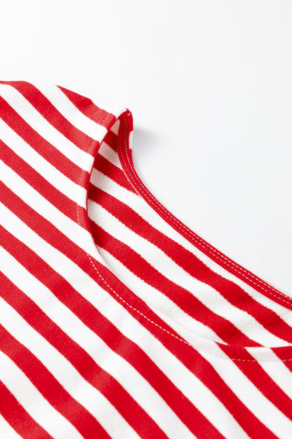 Red Stripe Drop Shoulder Long Sleeve Top Lounge Pants 2pcs Set - Snoopy's Closet
