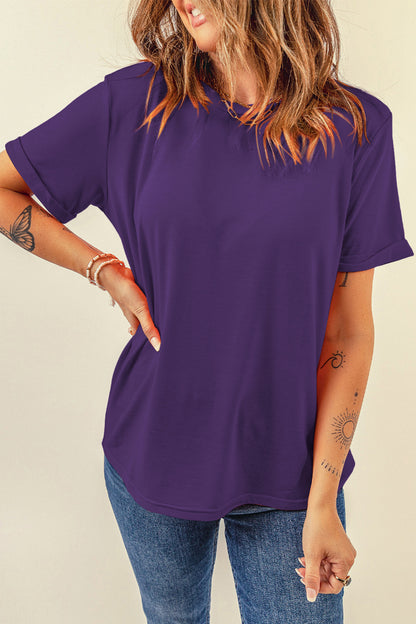 Tillandsia Purple Casual Plain Crew Neck Tee