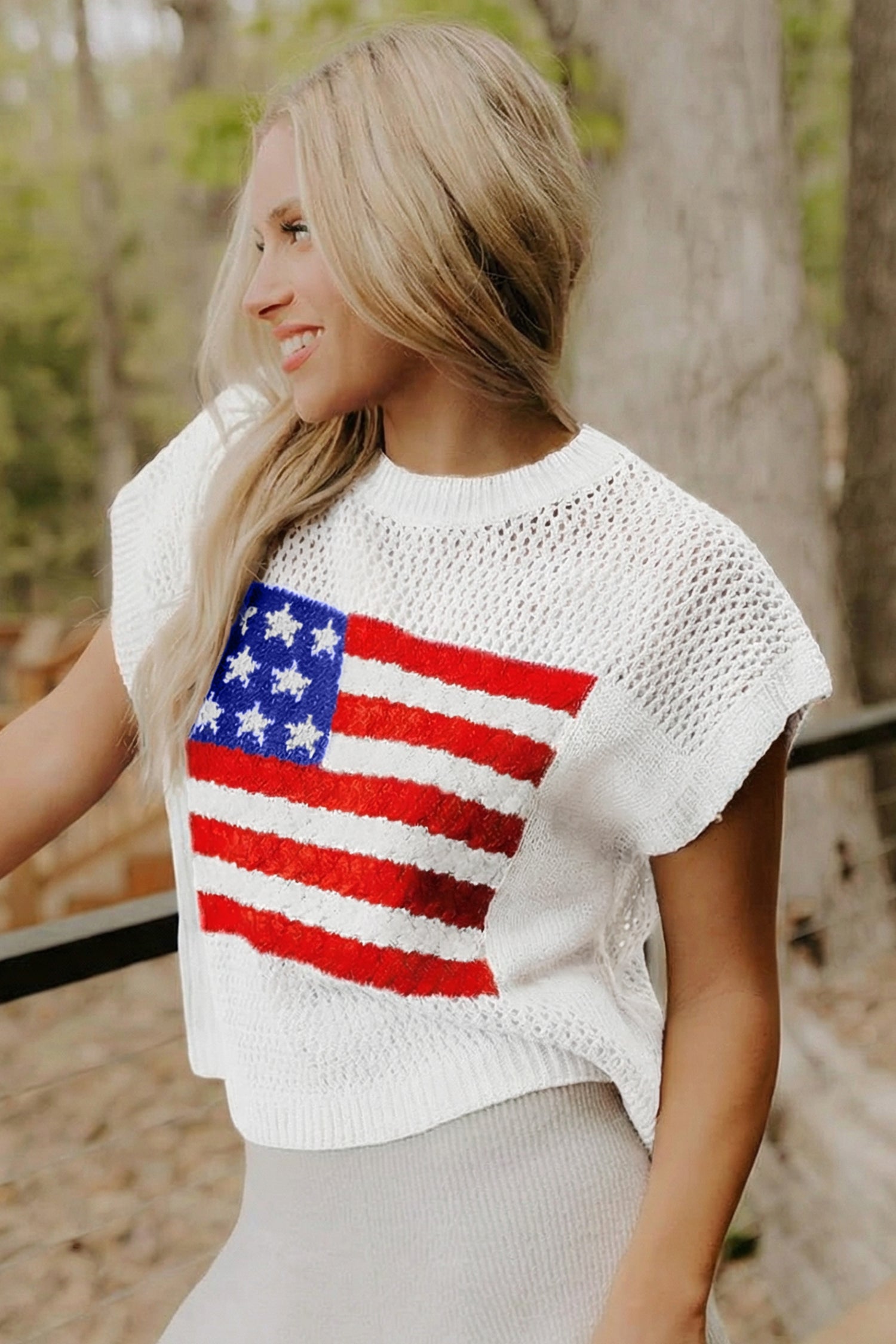 Fiery Red Flag Graphic Short Sleeve Sweater Top - Snoopy's Closet