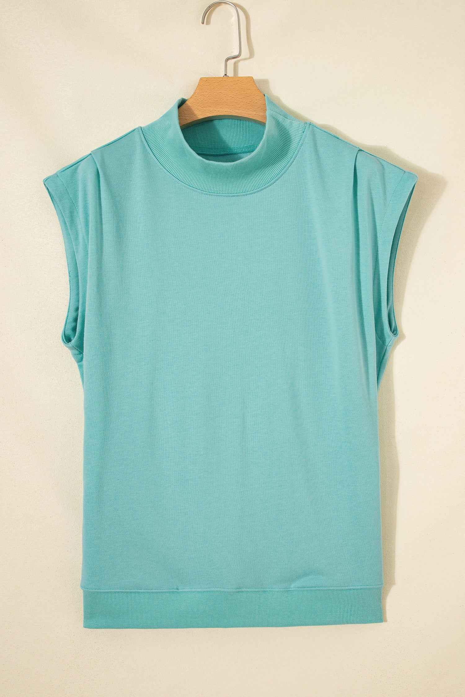 Mint Green Solid Color High Neck Cap Sleeve Loose Top