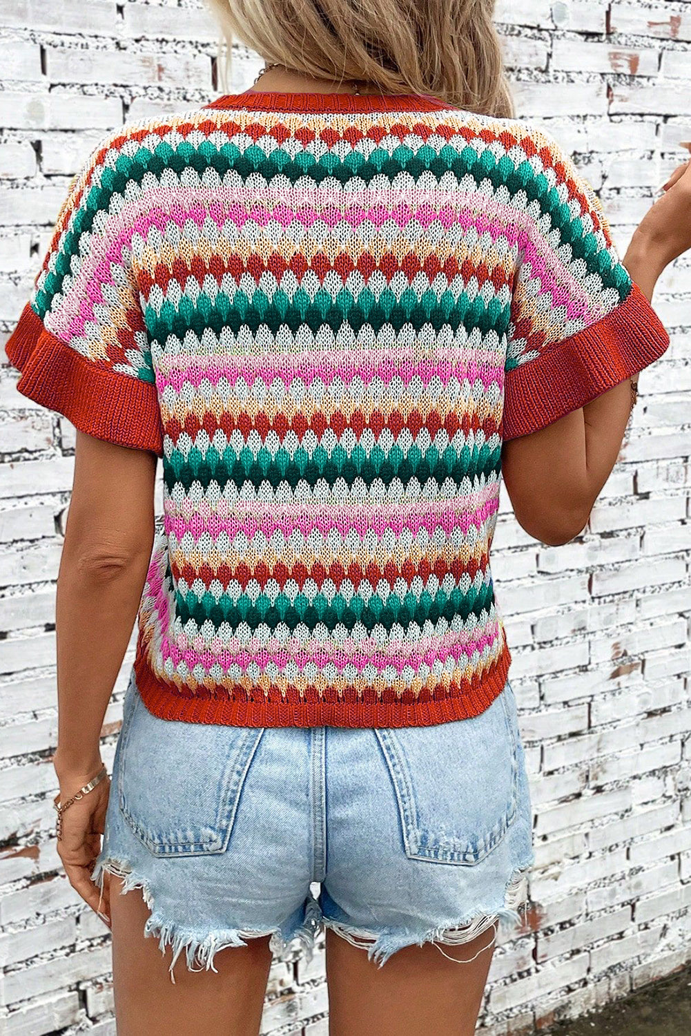 Fiery Red Trimmed Ruffle Sleeve Colorful Textured Sweater - Snoopy's Closet