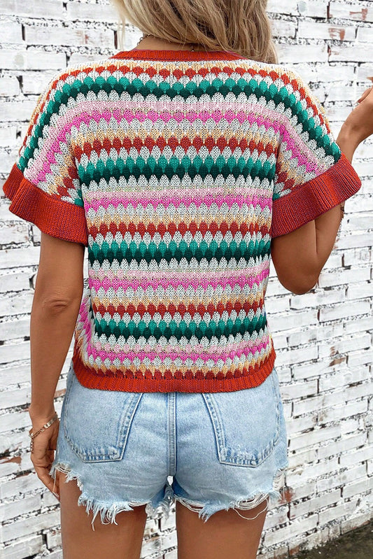 Fiery Red Trimmed Ruffle Sleeve Colorful Textured Sweater - Snoopy's Closet