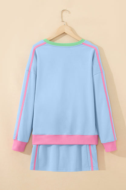 Sky Blue Ribbed Colorblock Trim V Neck Sporty Pullover Mini Skort 2pcs Athleisure Set - Snoopy's Closet