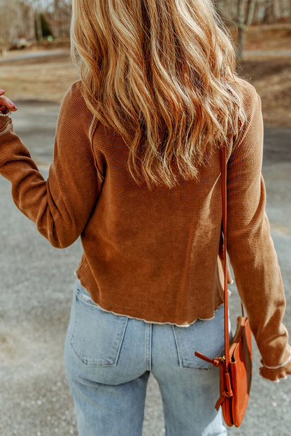 Brown Textured Round Neck Long Sleeve Top - Snoopy's Closet