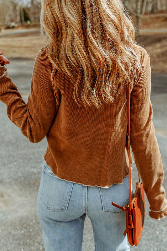Brown Textured Round Neck Long Sleeve Top - Snoopy's Closet