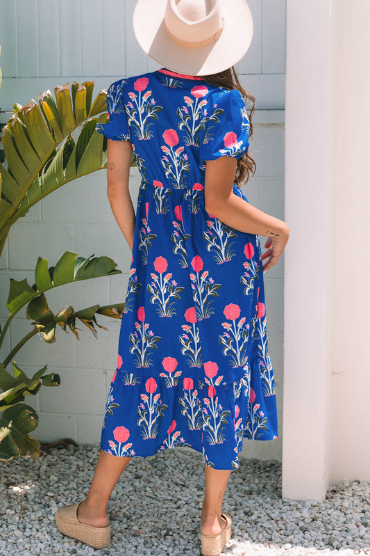 Vestido maxi de cintura alta, cuello en V y manga corta abullonada con estampado floral azul cielo