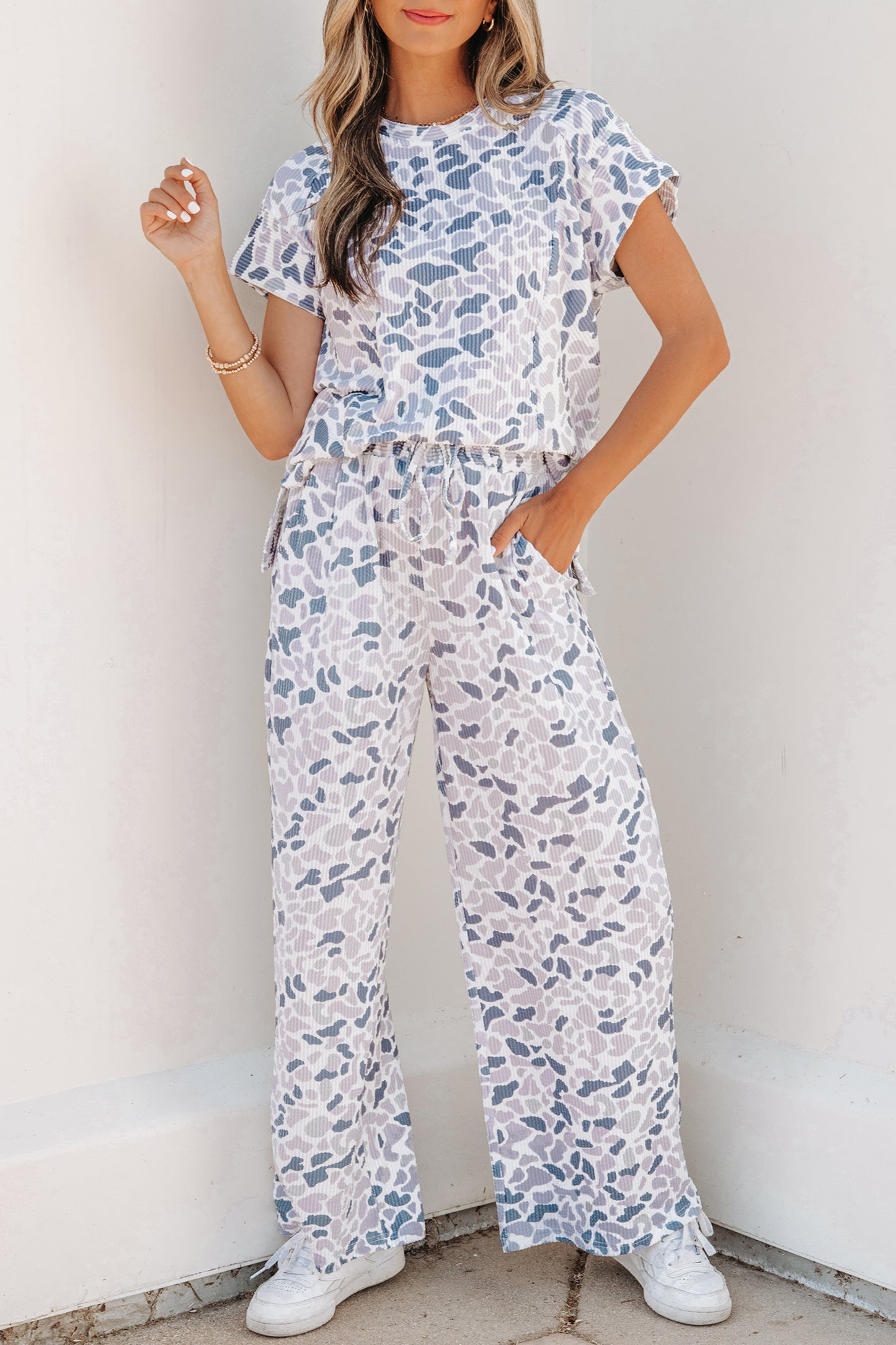 Beige Camouflage Print Twisted Rib Loose Tee Drawstring Pants Set - Snoopy's Closet