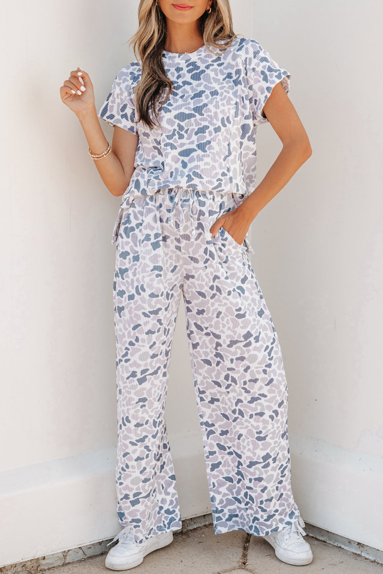 Beige Camouflage Print Twisted Rib Loose Tee Drawstring Pants Set - Snoopy's Closet