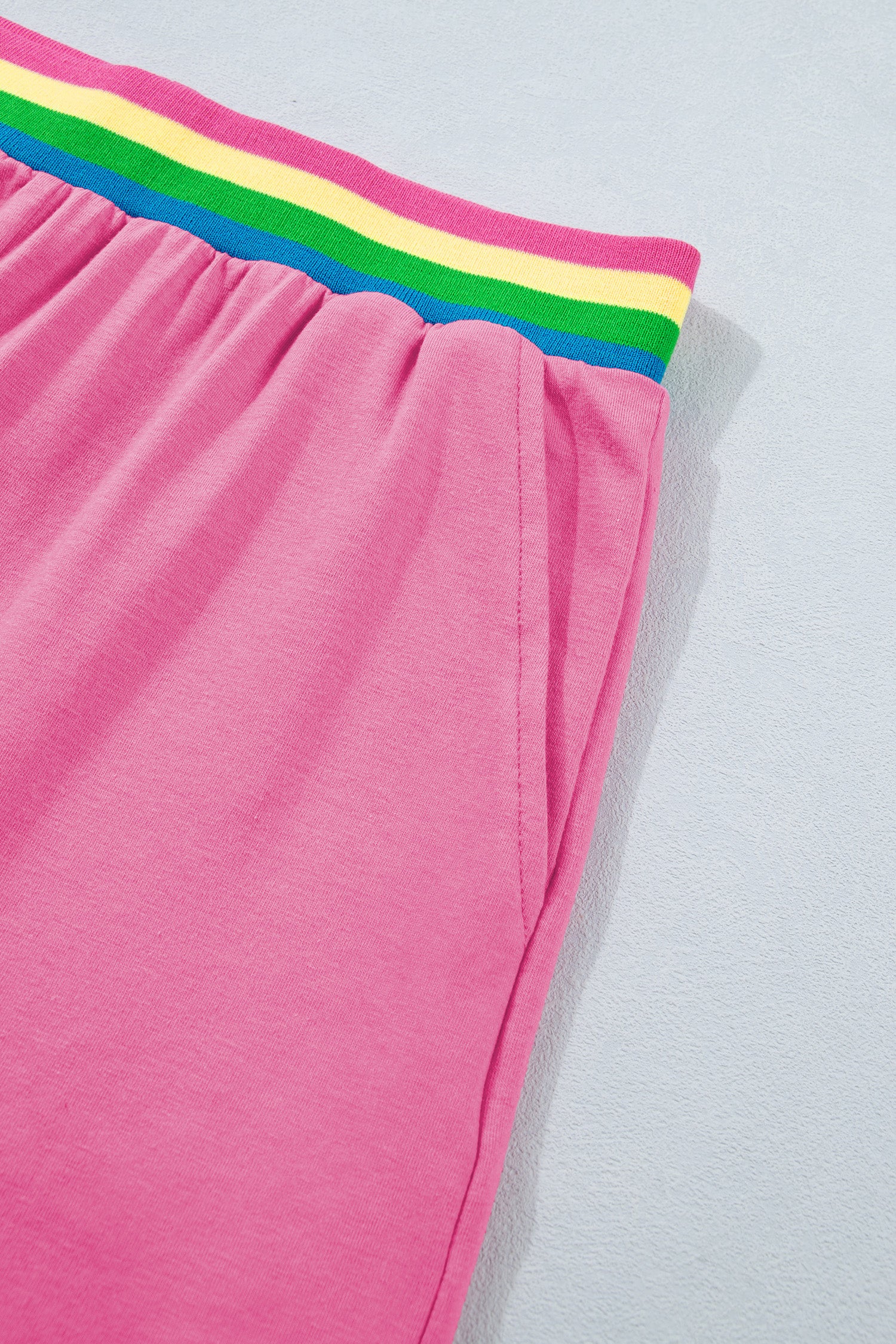 Bright Pink Seam Detail Raw Edge Tee Rainbow Waistband Casual Short Set - Snoopy's Closet