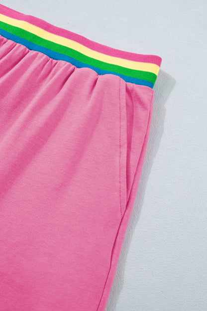 Bright Pink Seam Detail Raw Edge Tee Rainbow Waistband Casual Short Set - Snoopy's Closet