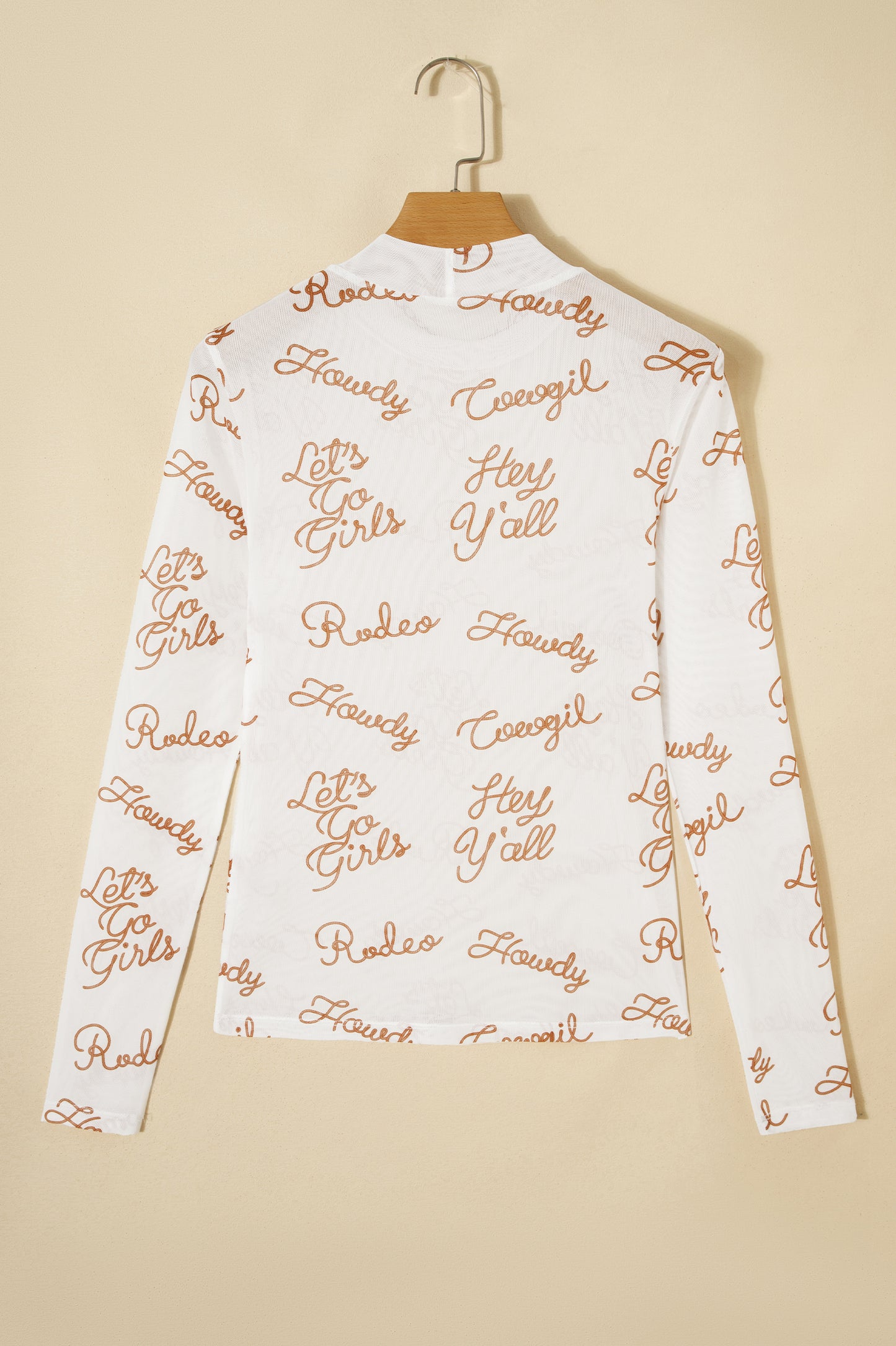 White Howdy Hey Yall Mesh High Neck Long Sleeve Top - Snoopy's Closet