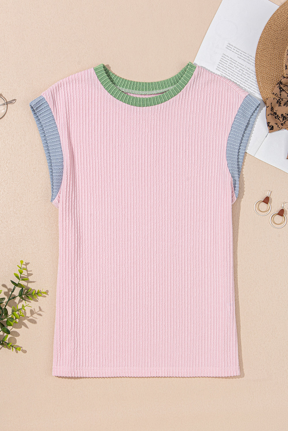 Pink Color Block Corded Knit Crew Neck Tee - Snoopy's Closet
