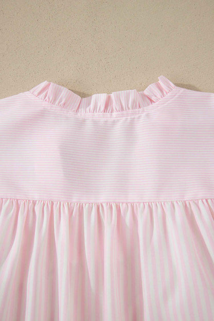 Pink Stripe Contrast Trim V Neck Flutter Sleeve Blouse