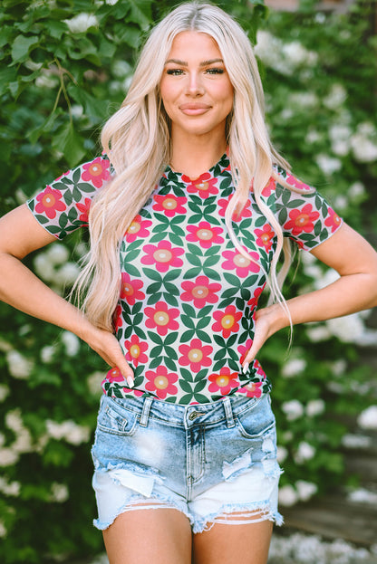 Fiery Red Retro Floral Print Crew Neck T Shirt - Snoopy's Closet