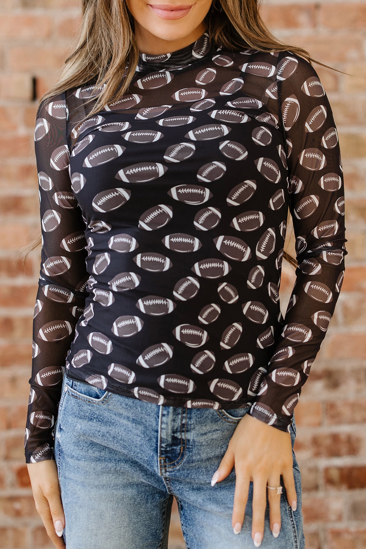 Black Game Day Rugby Mesh Sheer Long Sleeve Top - Snoopy's Closet