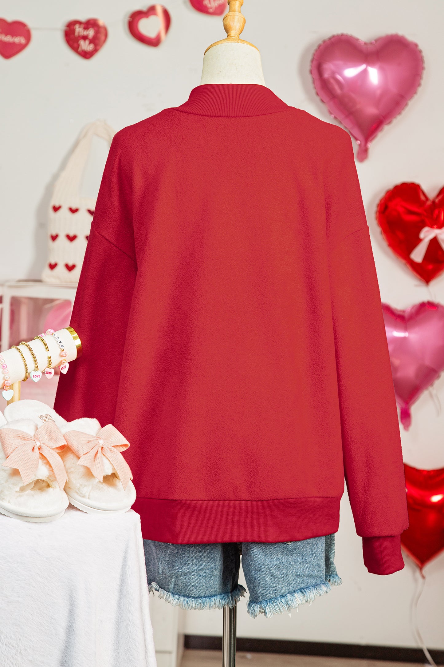 Racing Red Valentines Day Heart Love Script Reversible Printed Double Wear Mock Neck Sweatshirt - Snoopy's Closet