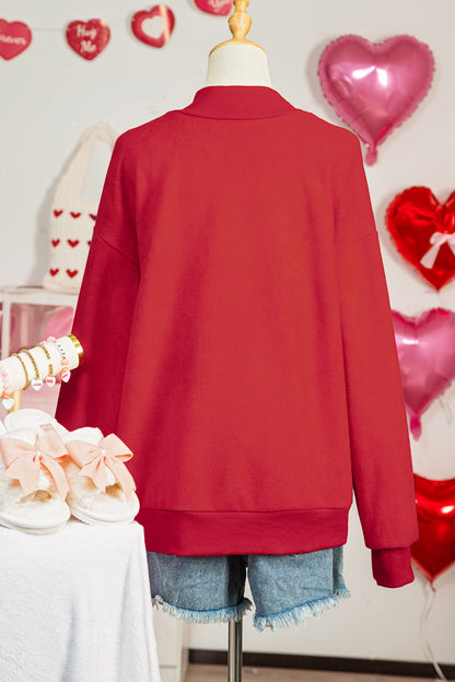 Racing Red Valentines Day Heart Love Script Reversible Printed Double Wear Mock Neck Sweatshirt - Snoopy's Closet