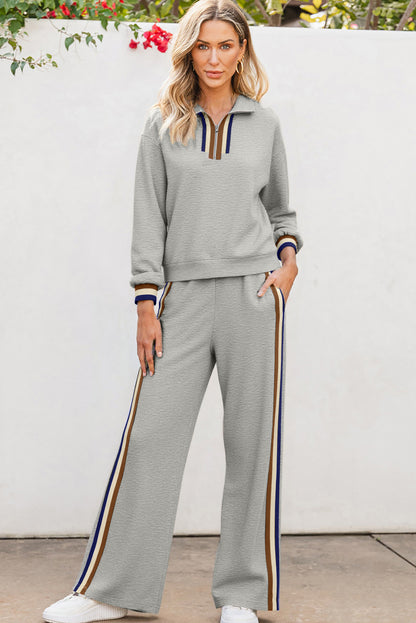 Gray Striped Patchwork Quarter Zip Pullover Loose Pant Set - Snoopy's Closet