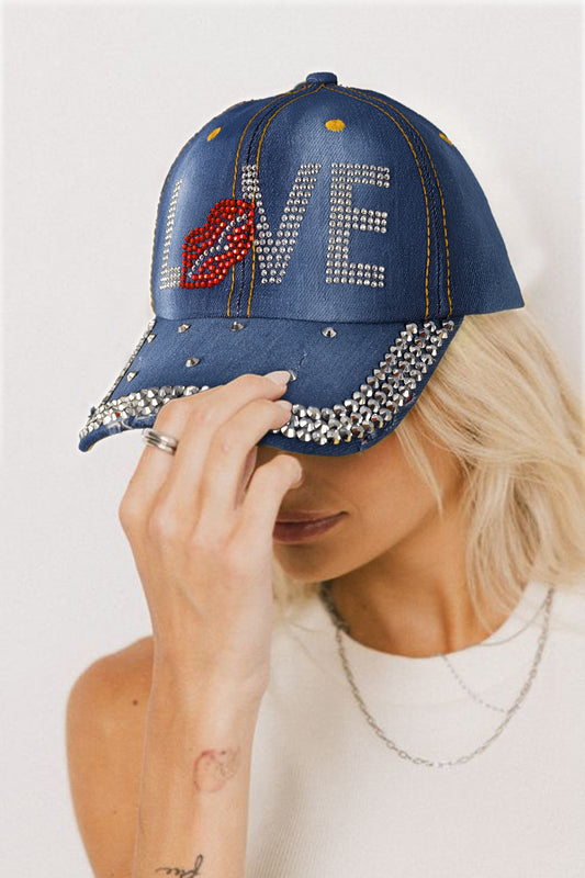 Gorra de béisbol de mezclilla Ashleigh con labio LOVE adornado con diamantes de imitación azules