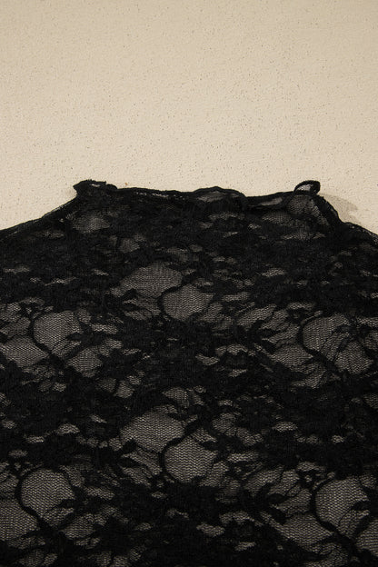 Black Sheer Floral Lace Lettuce Trim Mock Neck Long Sleeve Top