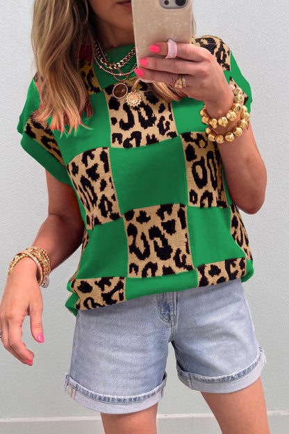 Suéter de punto de manga corta con estampado a cuadros de leopardo verde