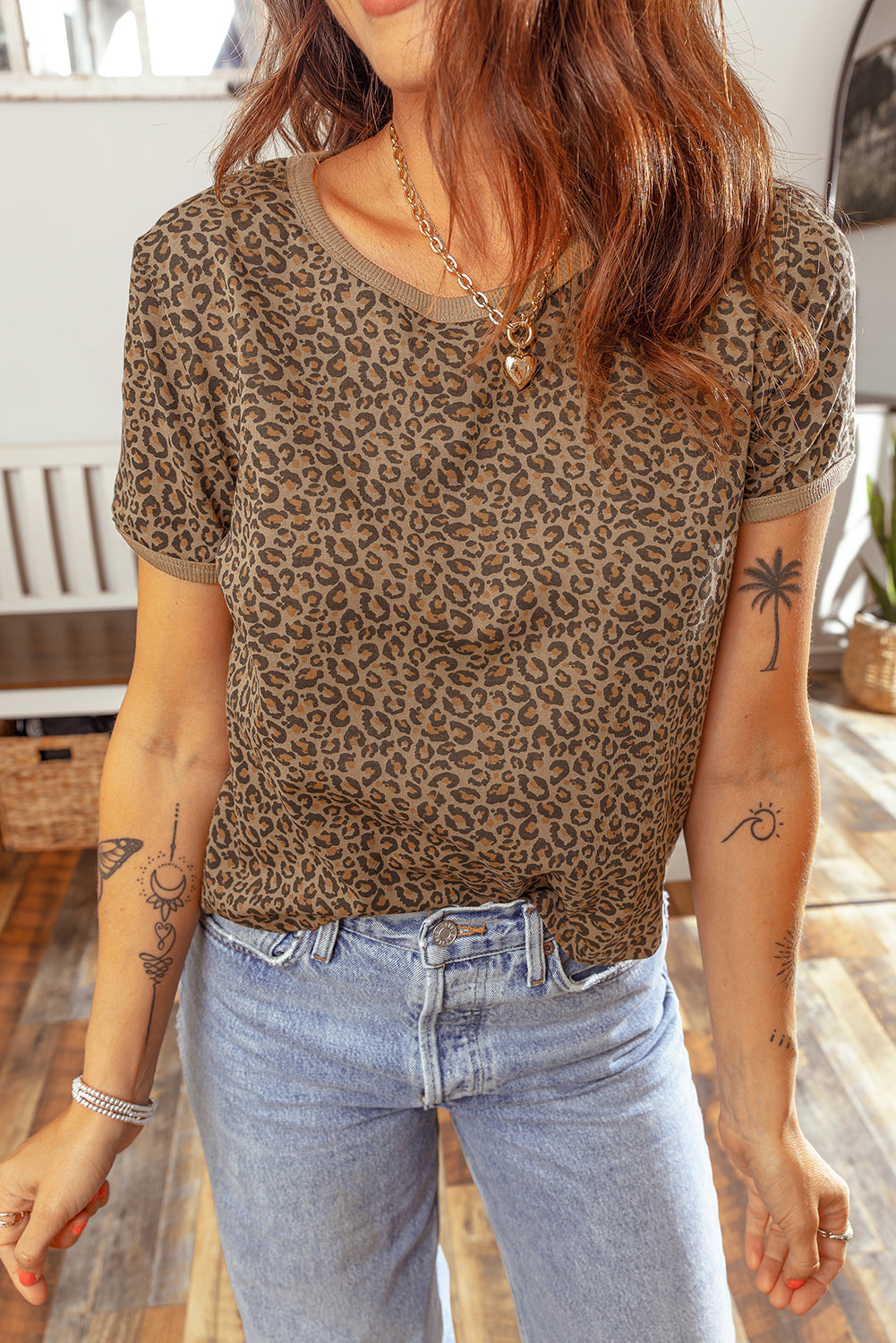 Khaki Fierce Leopard Crew Neck T Shirt - Snoopy's Closet