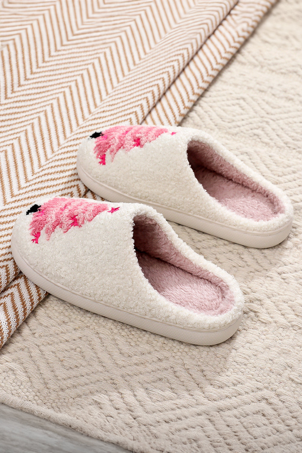 White Plush Christmas Tree Color Contrasted Liner House Slippers - Snoopy's Closet
