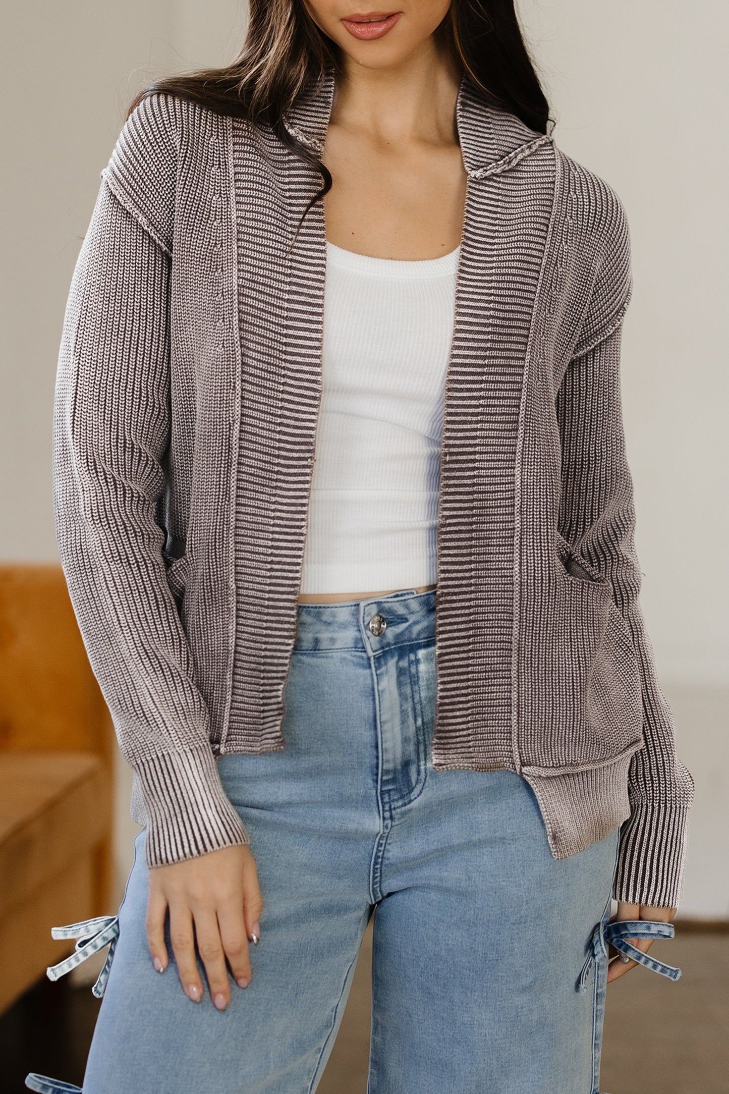 Dark Brown Mineral Wash Exposed Seam Patchwork Knit Open Sweater Cardigan - Snoopy's Closet
