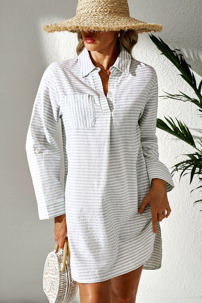 White Stripe Collared V Neck Chest Pocket Long Sleeve Beach Cover up - Snoopy's Closet