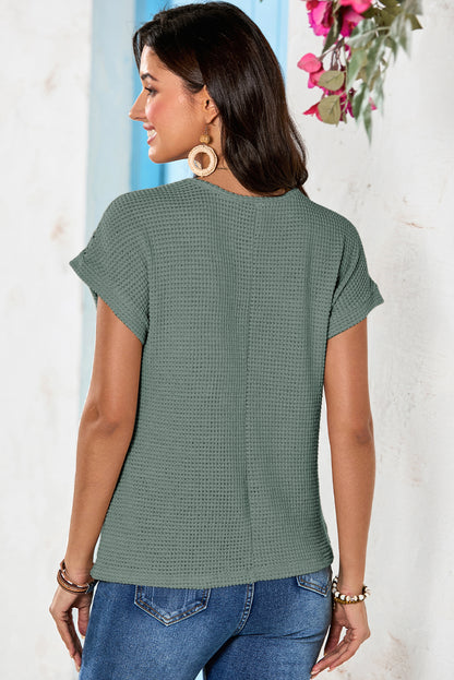 Mist Green Lace Patchwork Waffle Short Sleeve Top - Snoopy's Closet