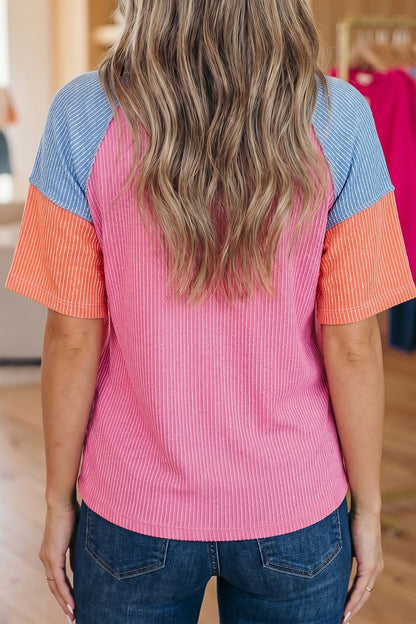 Rose Red Color Block Twisted Ribbed Tee