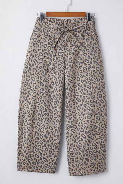Khaki Leopard Printed Drawstring Elastic Waistband Pocketed Barrel Jeans - Snoopy's Closet