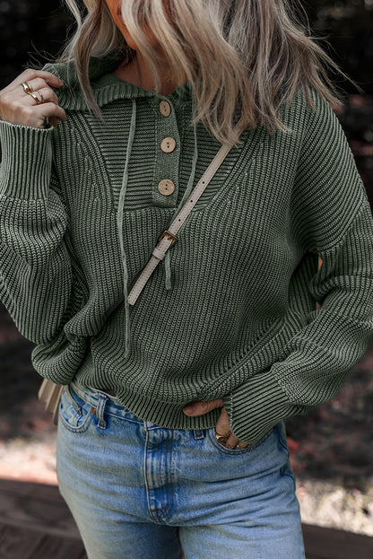 Mist Green Mineral Wash Ribbed Knit Button Drawstring Neck Hooded Sweater - Snoopy's Closet