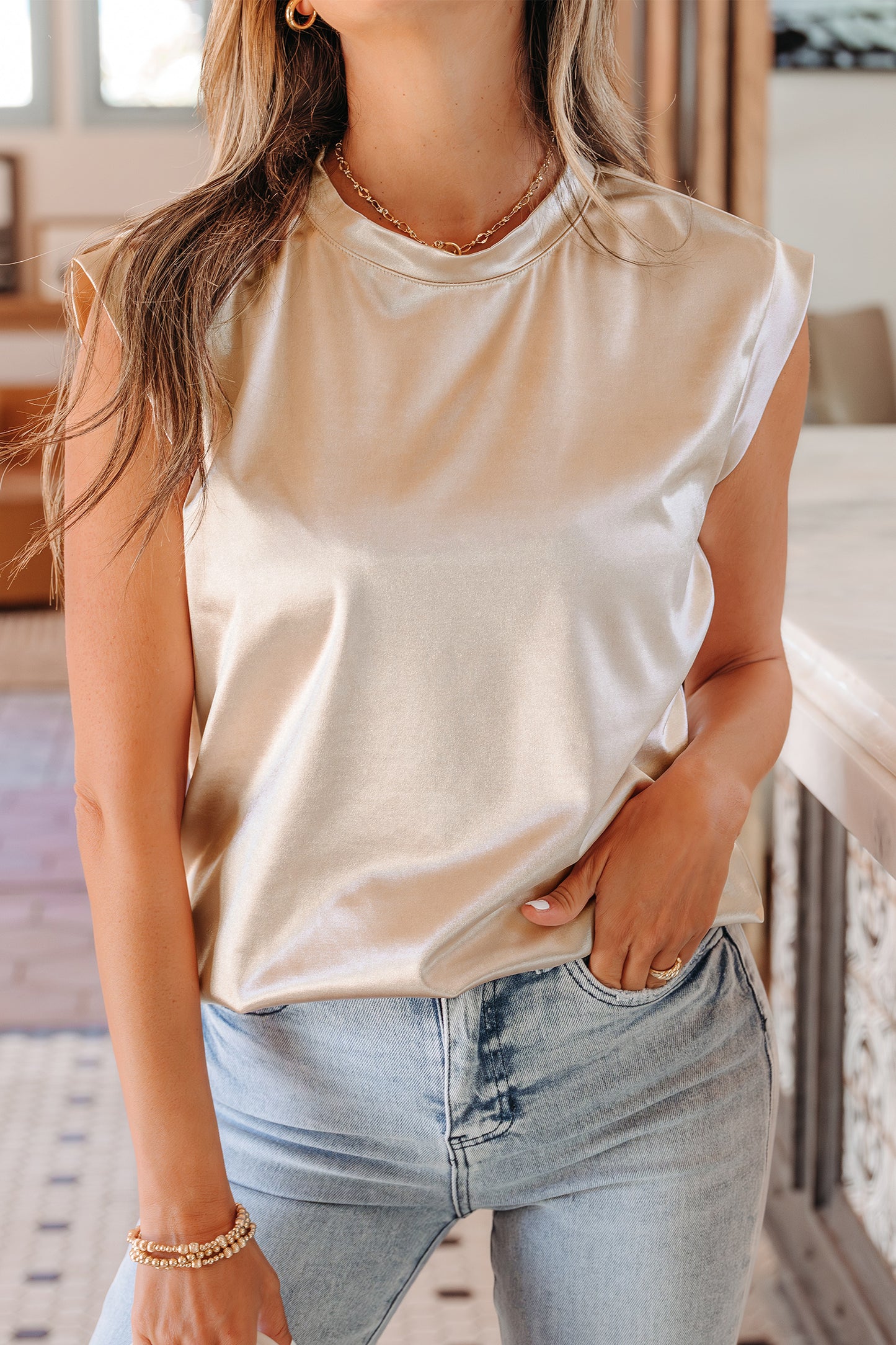 Gold Round Neck Metallic Tank Top - Snoopy's Closet
