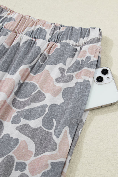 Multicolour Camouflage Short Sleeve Top and High Waist Wide Leg Pants Set - Snoopy's Closet