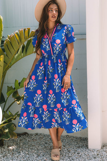Vestido maxi de cintura alta, cuello en V y manga corta abullonada con estampado floral azul cielo