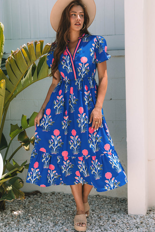 Vestido maxi de cintura alta, cuello en V y manga corta abullonada con estampado floral azul cielo