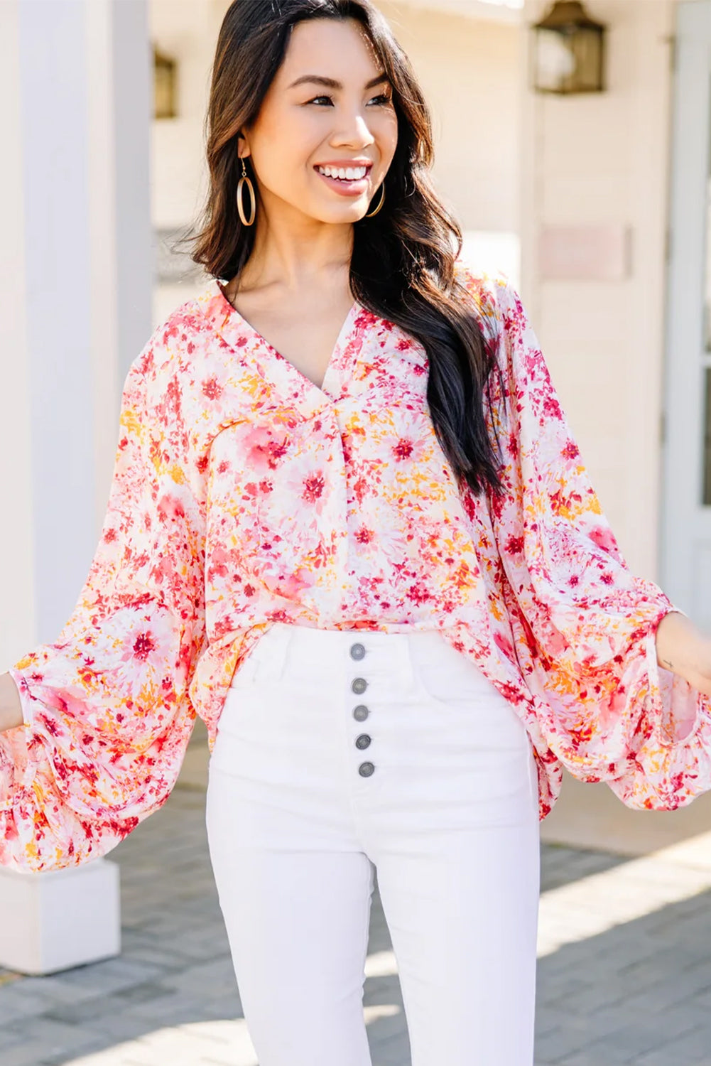 Pink Ditsy Floral Bubble Sleeve V Neck Blouse - Snoopy's Closet
