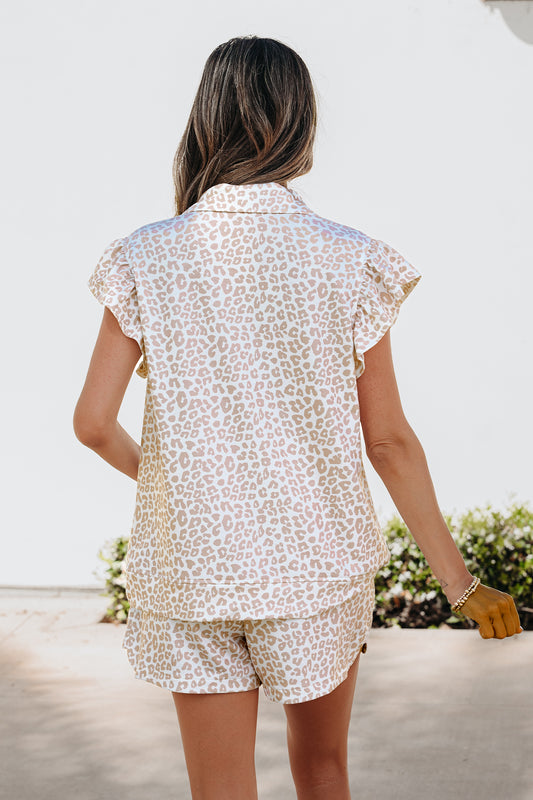 Conjunto de 2 piezas de polo con cremallera y estampado de leopardo beige y pantalón corto