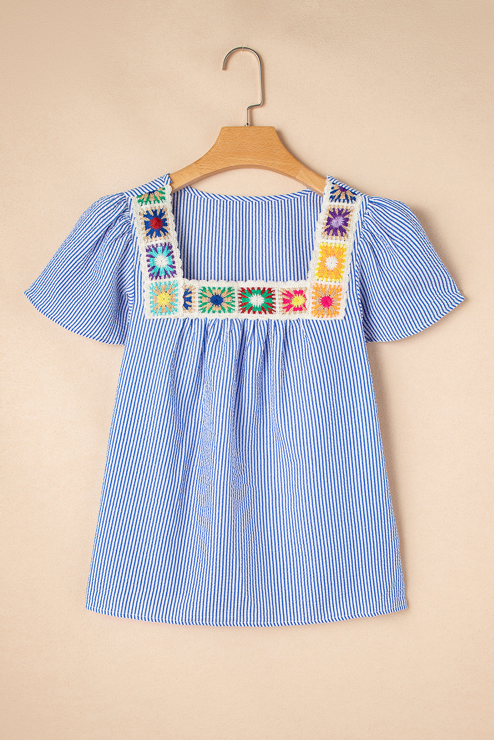 Sky Blue Stripe Textured Ruffle Short Sleeve Boho Detail Square Neck Blouse - Snoopy's Closet