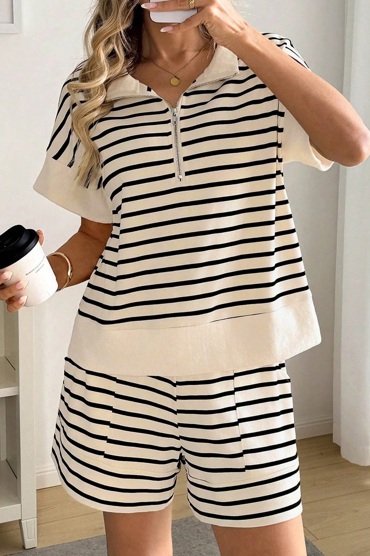 Black Stripe Ribbed Color Block Trim Zip Polo Tee Drawstring Shorts 2pcs Outfit - Snoopy's Closet