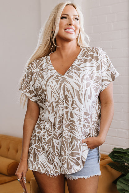 Khaki Floral Print V Neck Short Sleeve Loose Fit Blouse - Snoopy's Closet