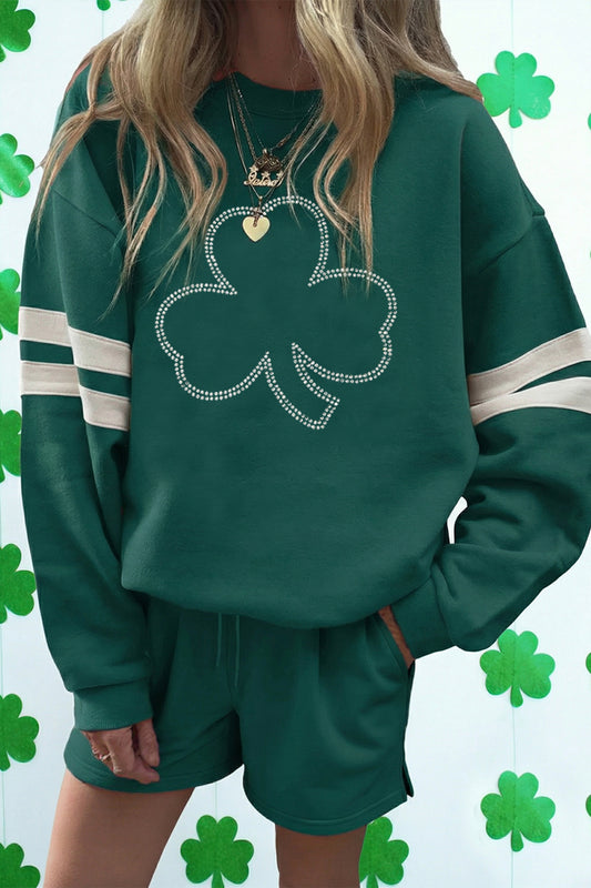 Conjunto de 2 piezas de shorts con cordón y jersey Clover Varsity con diamantes de imitación Evergreen