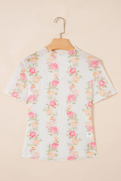 Beige Floral Print Mock Neck Short Sleeve Mesh Top